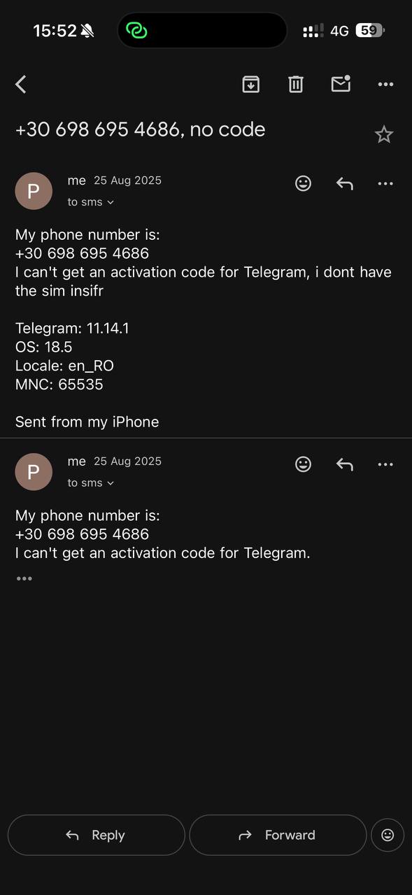 Email to SMS requesting Telegram code